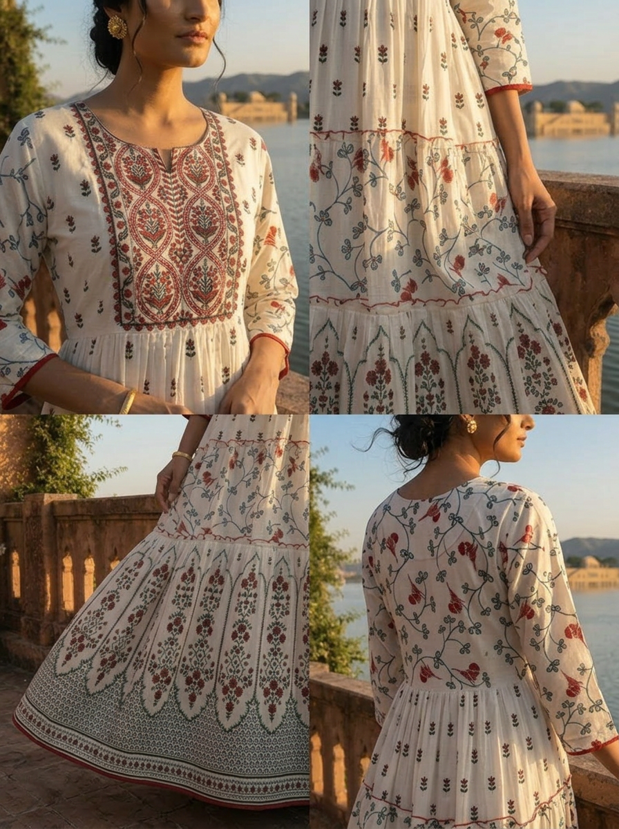 White Cotton Ethnic Floral Printed Dress
