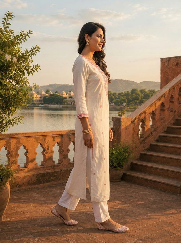 Baby Pink Rayon Geometric Embroidered Kurta