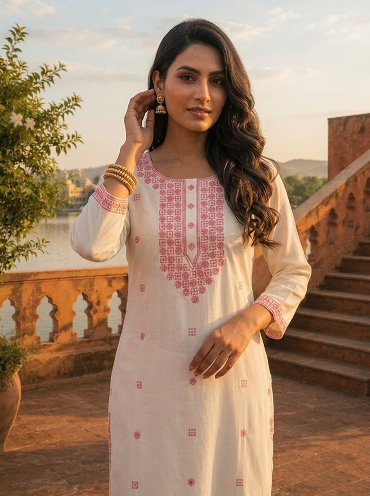 Baby Pink Rayon Geometric Embroidered Kurta