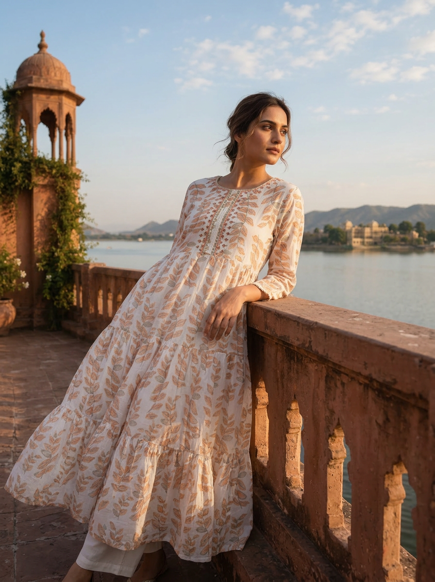 Peach Cotton Leaf Printed Dress