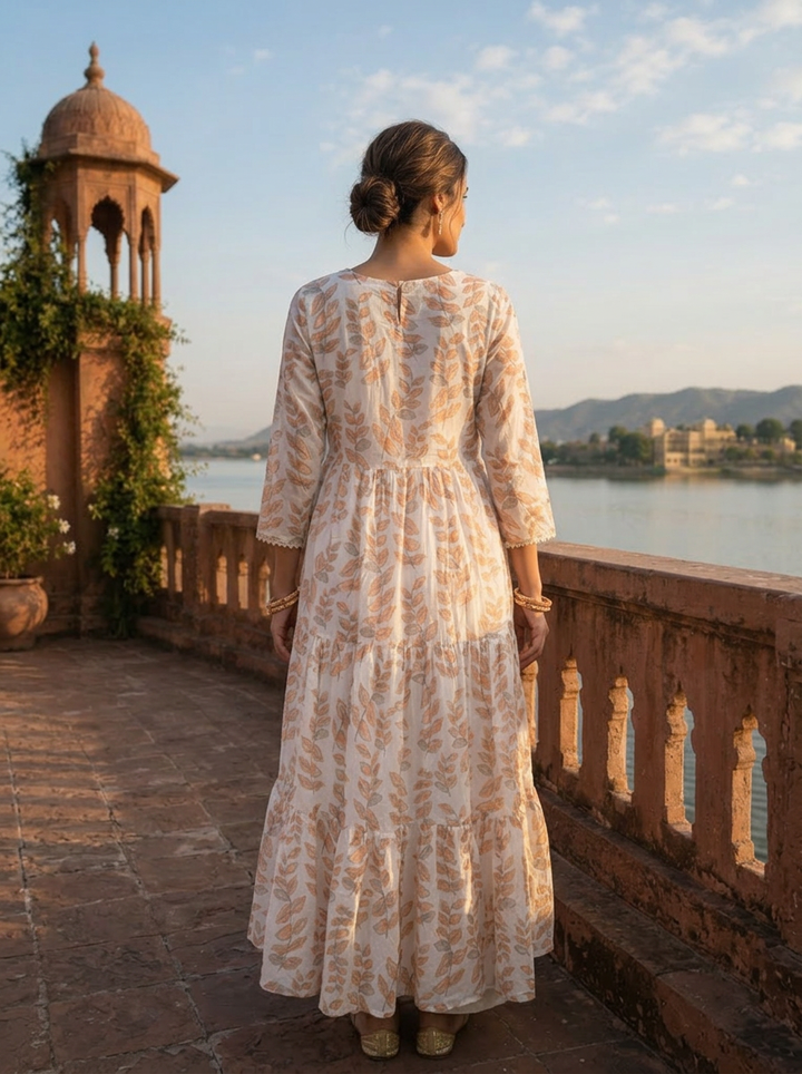 Peach Cotton Leaf Printed Dress