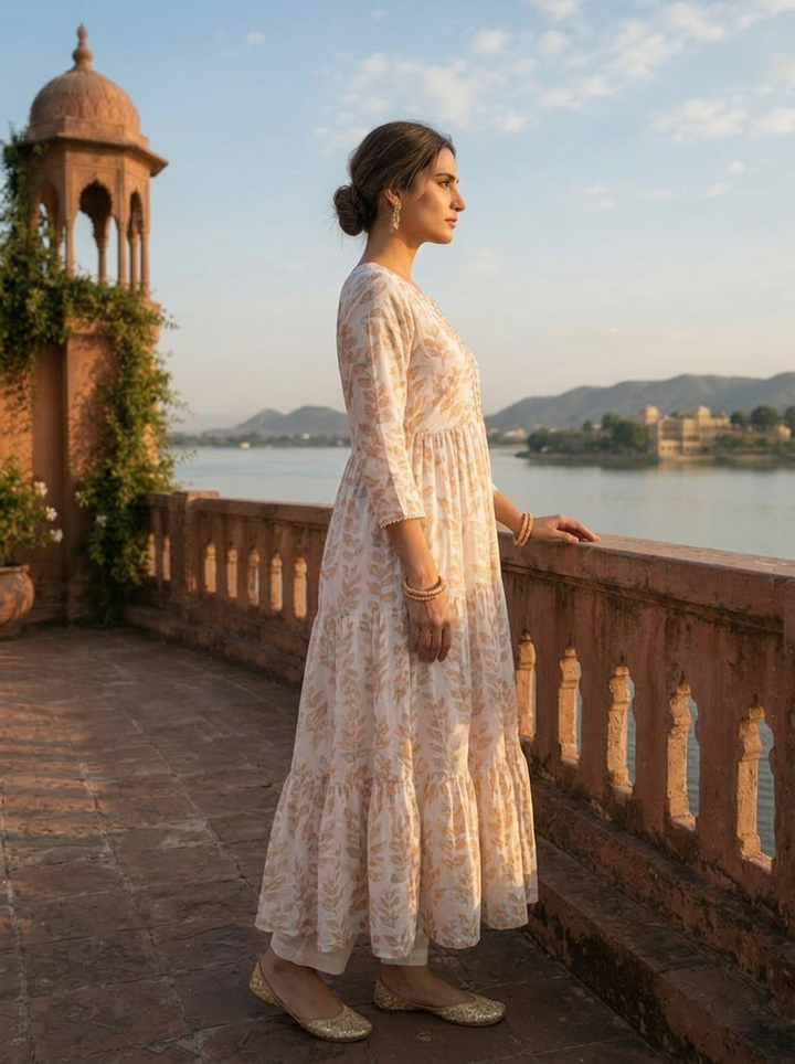Peach Cotton Leaf Printed Dress