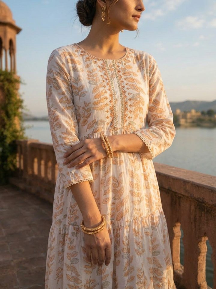 Peach Cotton Leaf Printed Dress