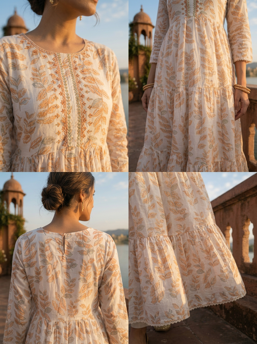 Peach Cotton Leaf Printed Dress