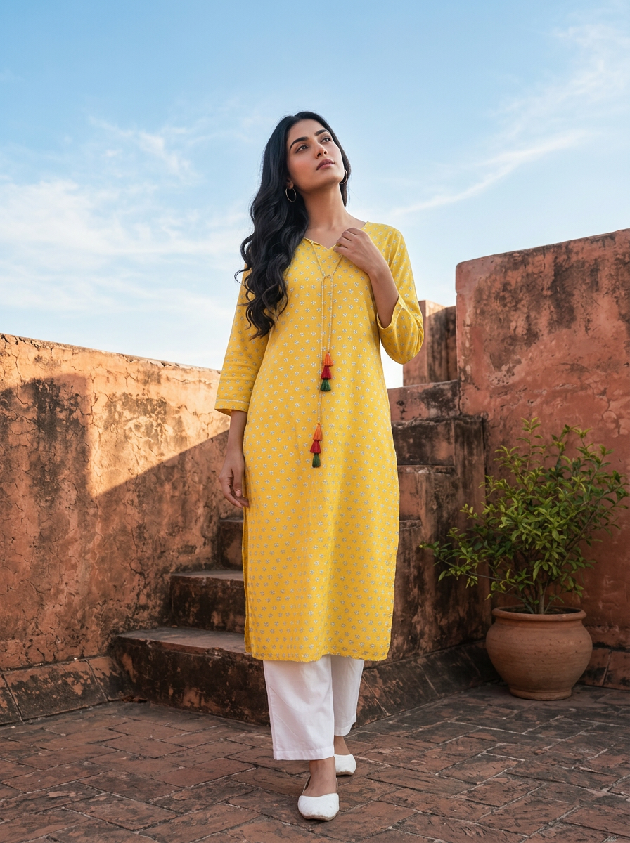 Yellow Muslin Micro Floral Printed Kurta