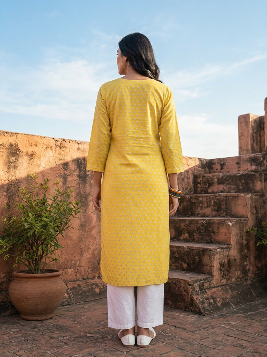 Yellow Muslin Micro Floral Printed Kurta