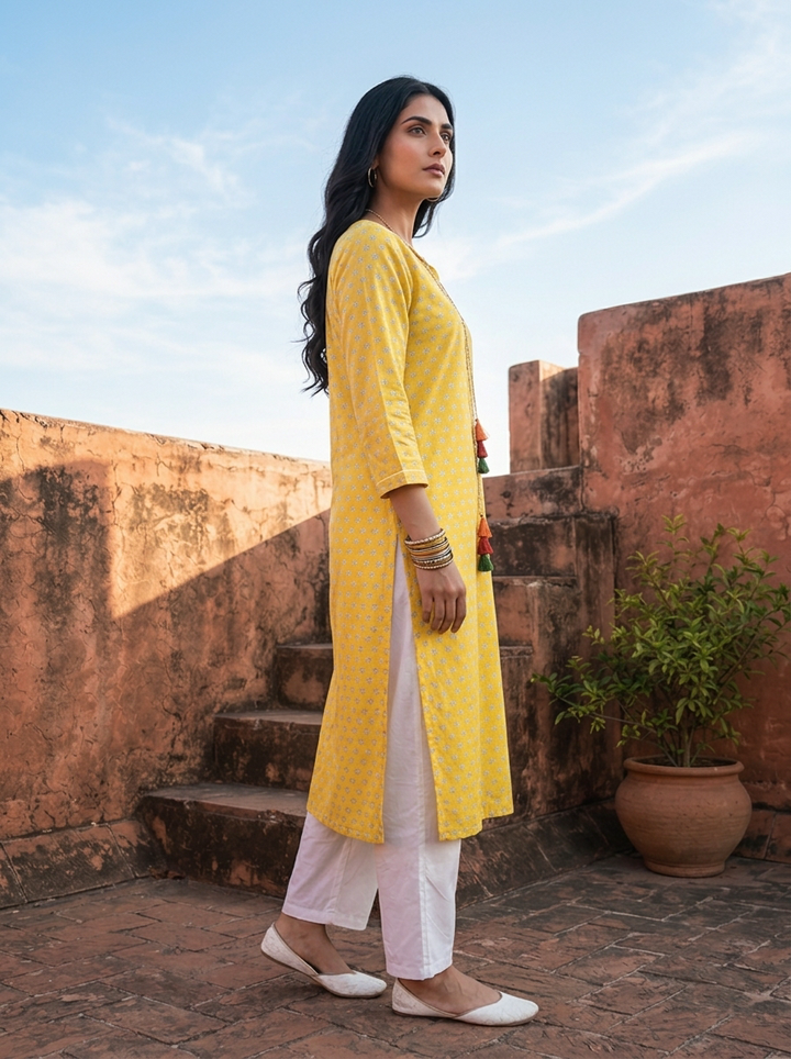 Yellow Muslin Micro Floral Printed Kurta
