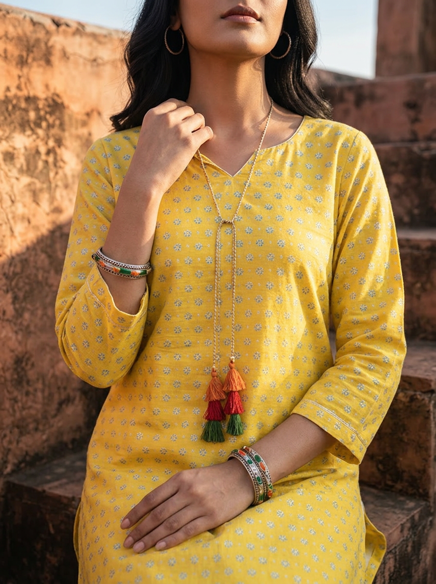 Yellow Muslin Micro Floral Printed Kurta