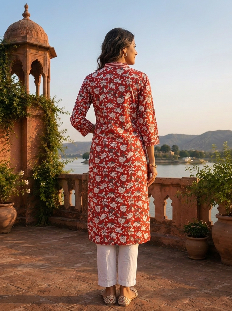 Red Cotton Jaipuri Botanical Printed Kurta