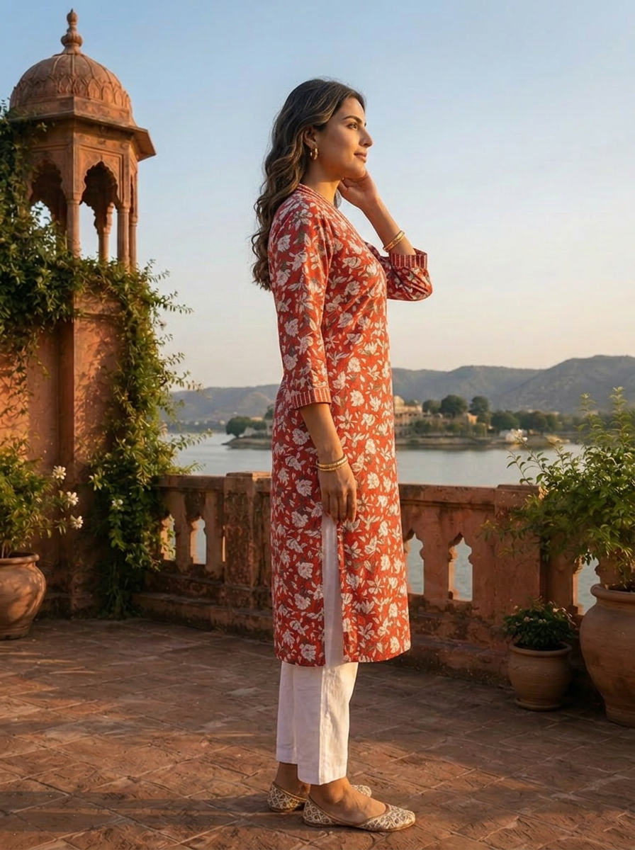 Red Cotton Jaipuri Botanical Printed Kurta