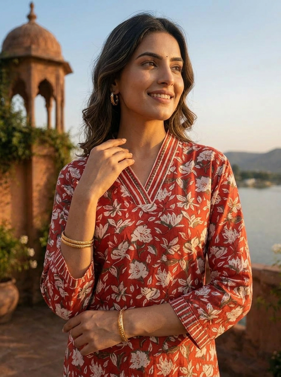 Red Cotton Jaipuri Botanical Printed Kurta