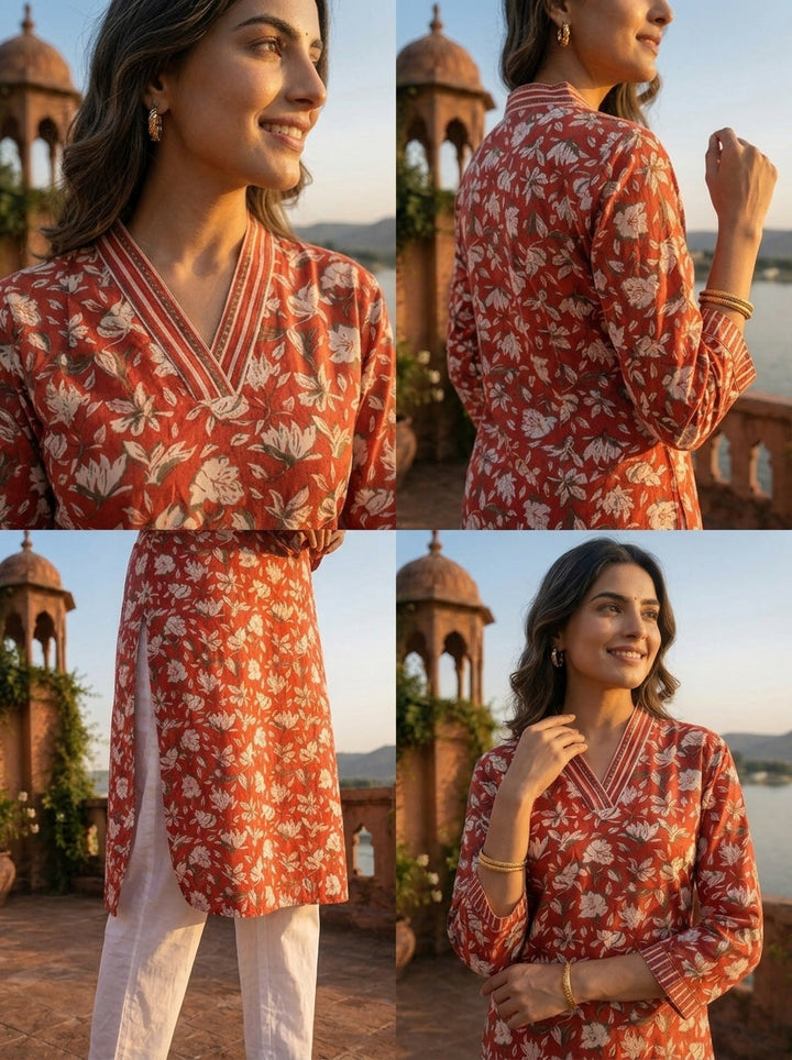 Red Cotton Jaipuri Botanical Printed Kurta