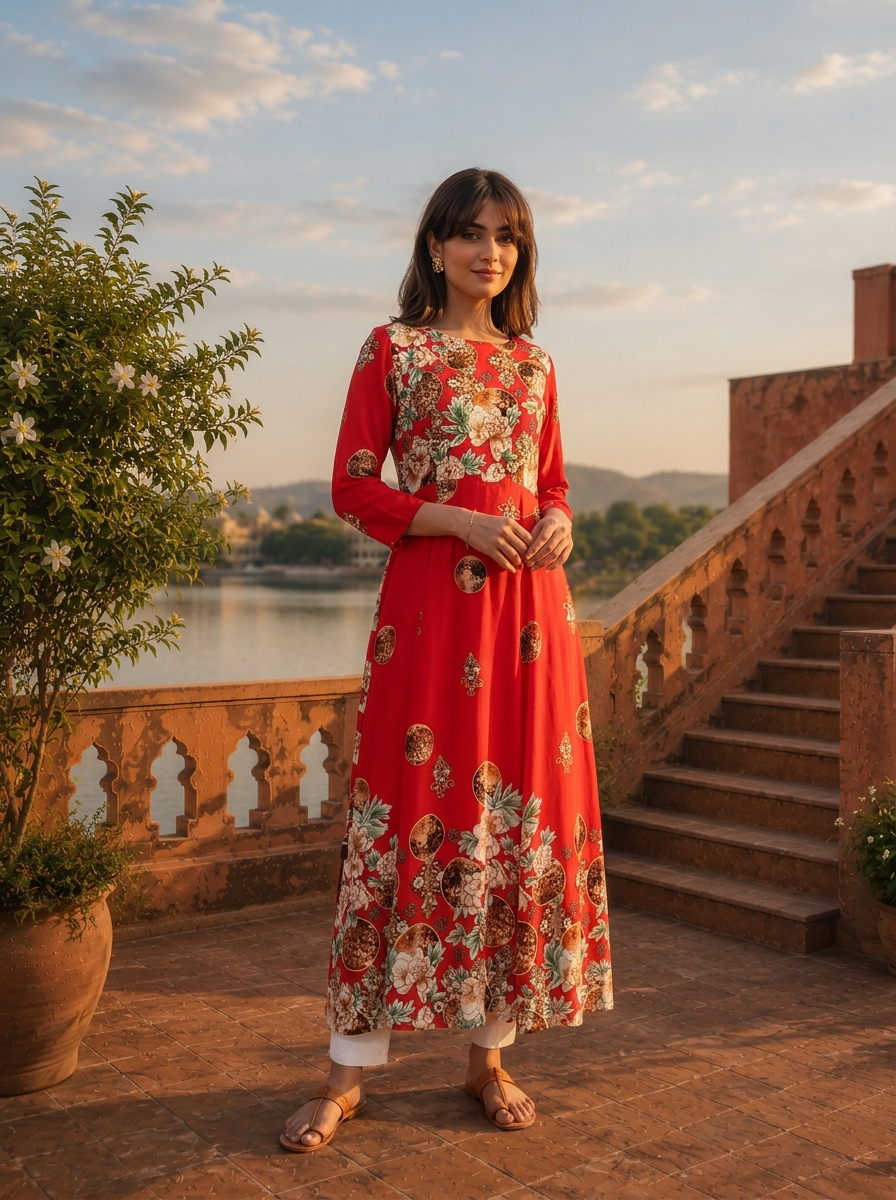 Red Rayon Baroque Floral Printed Dress