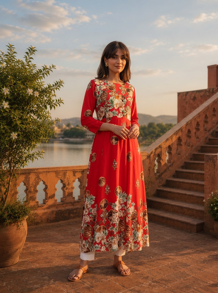 Red Rayon Baroque Floral Printed Dress