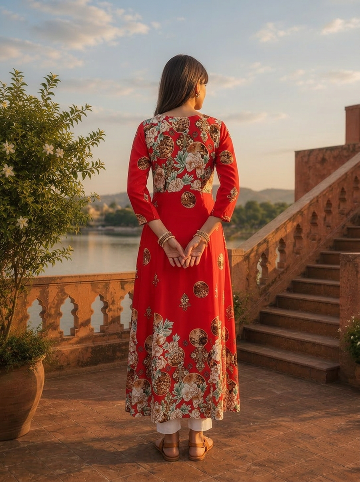 Red Rayon Baroque Floral Printed Dress
