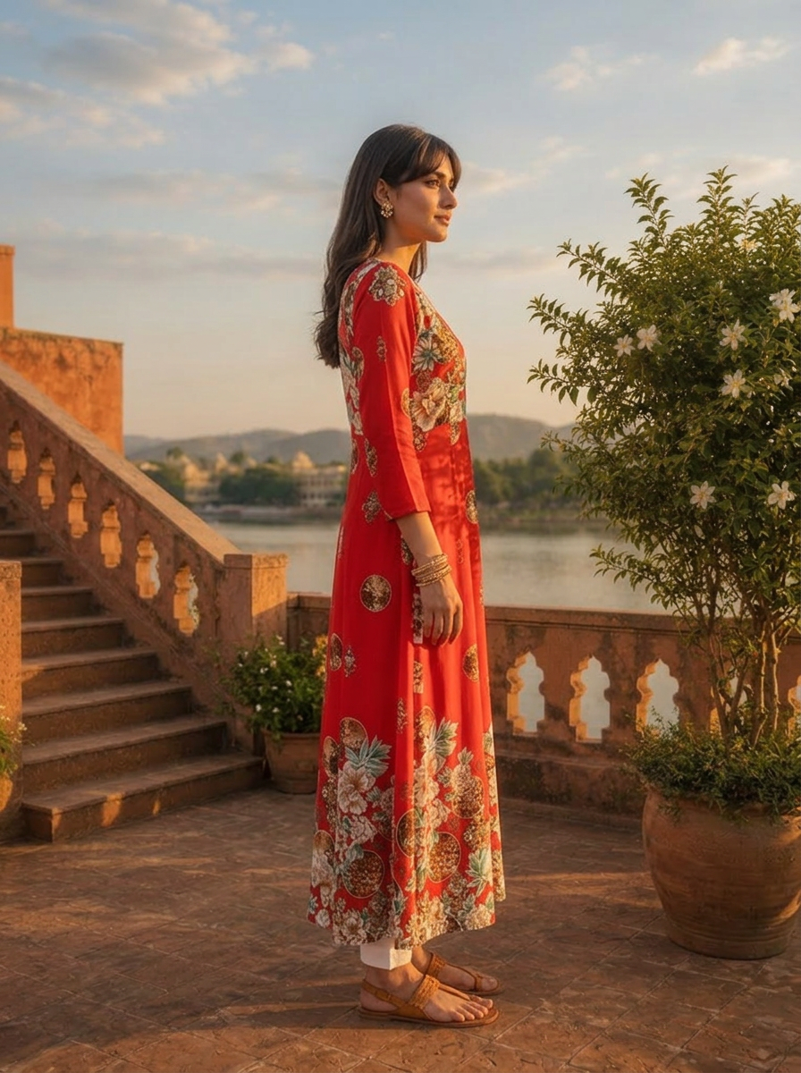 Red Rayon Baroque Floral Printed Dress