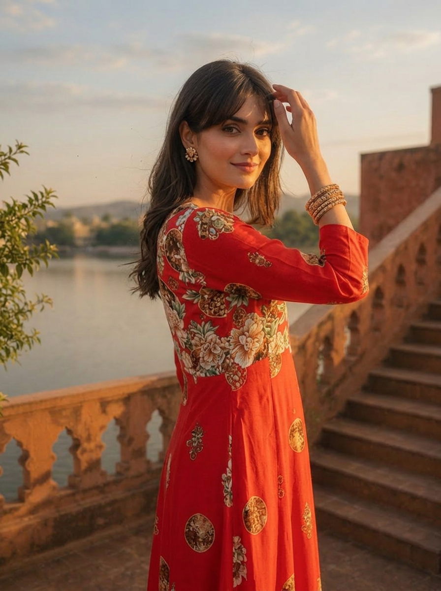 Red Rayon Baroque Floral Printed Dress