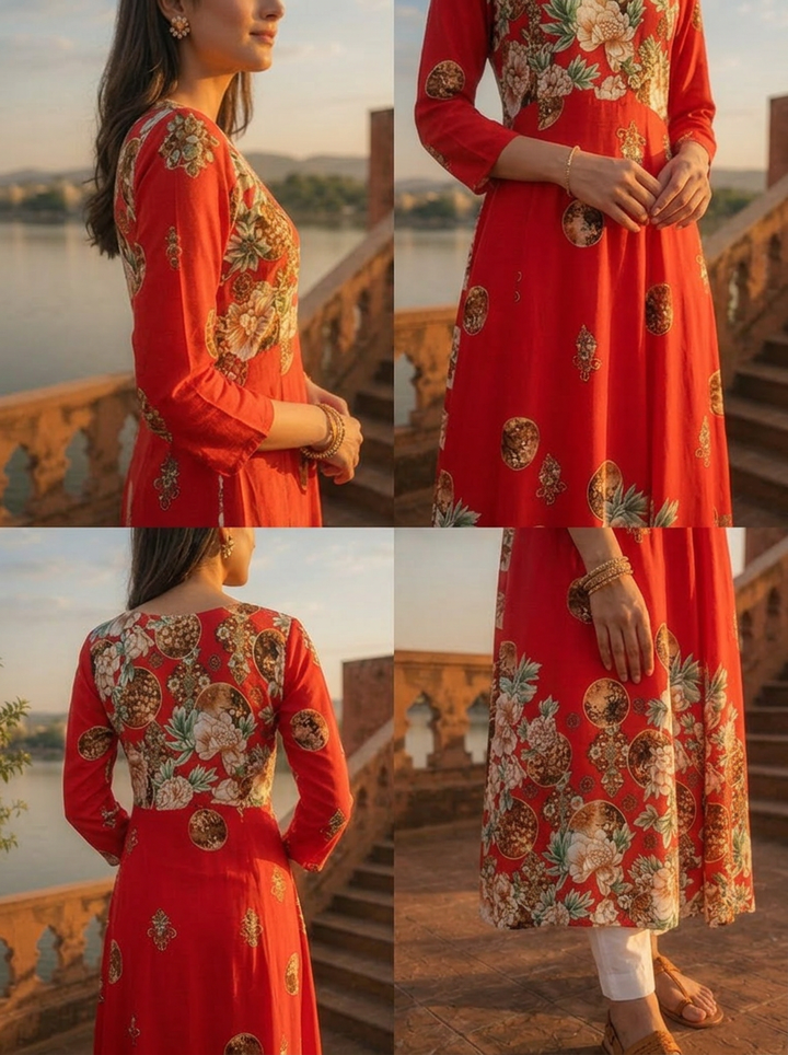Red Rayon Baroque Floral Printed Dress