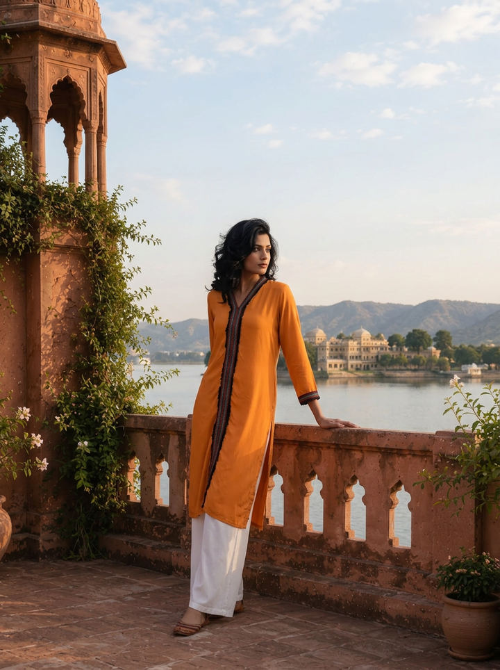 Mustard Rayon Solid with Multicolor Fringe Border Kurta