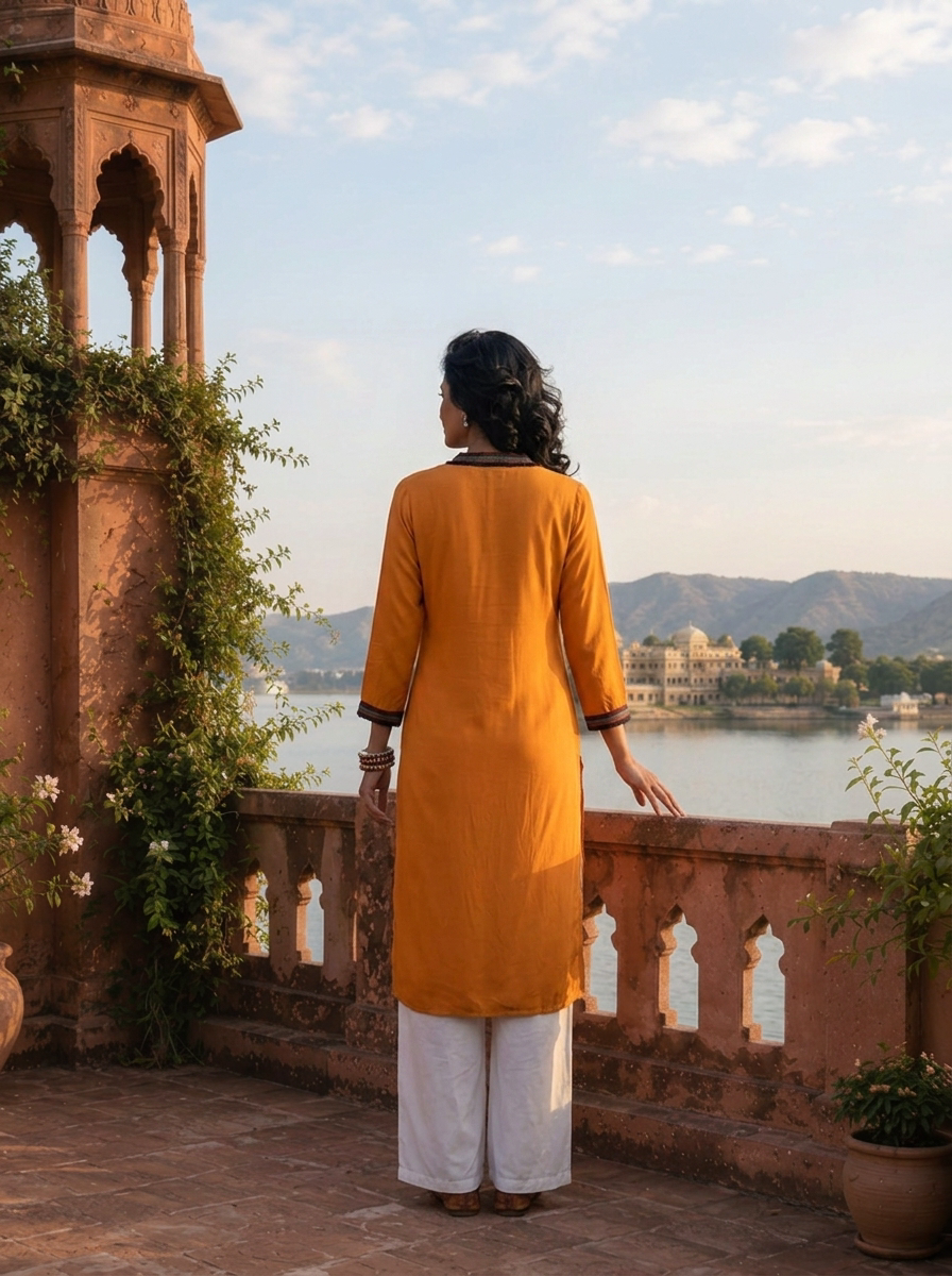Mustard Rayon Solid with Multicolor Fringe Border Kurta