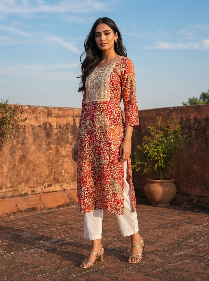 Red Rayon Abstract Floral printed Kurta
