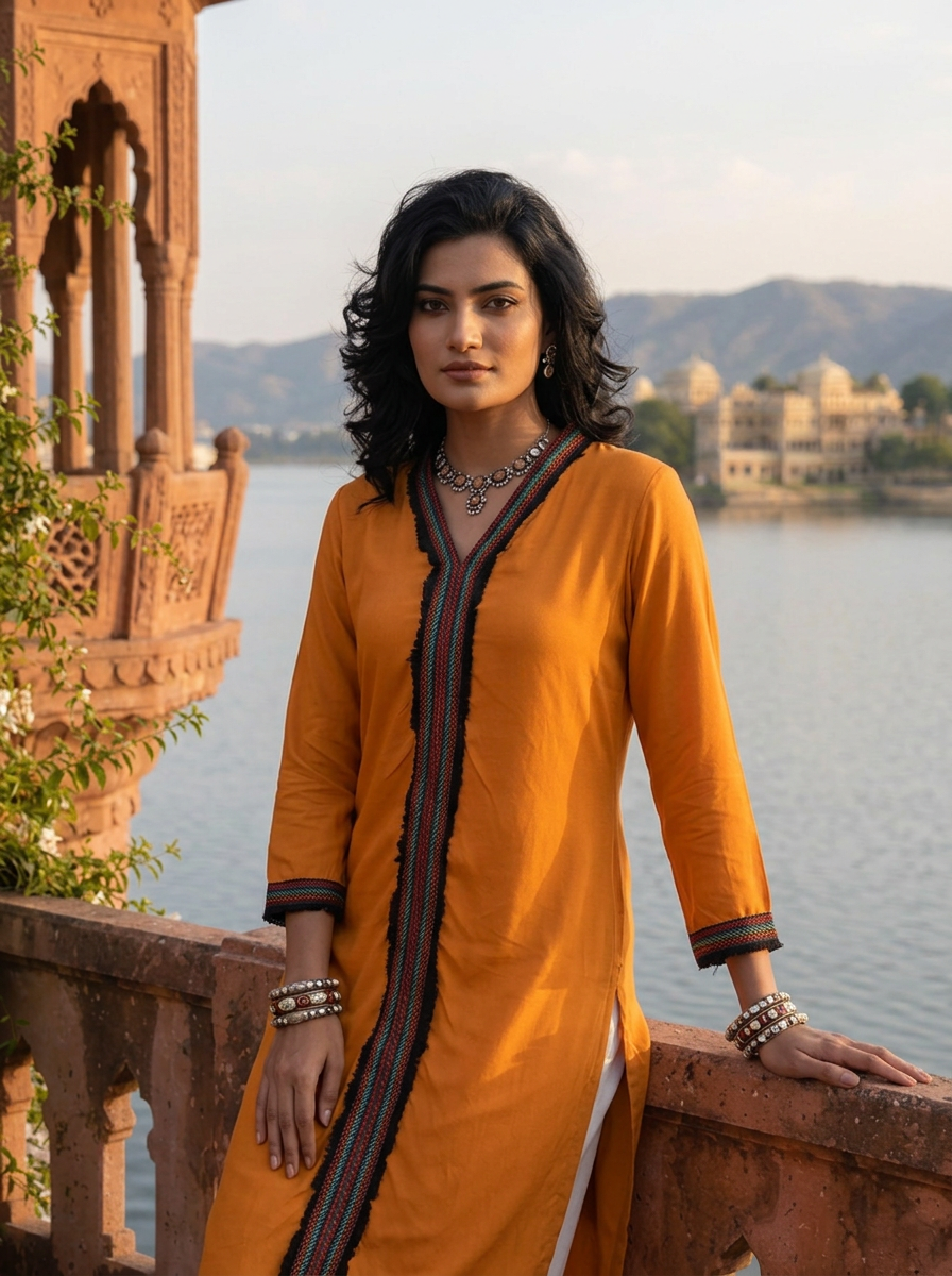 Mustard Rayon Solid with Multicolor Fringe Border Kurta