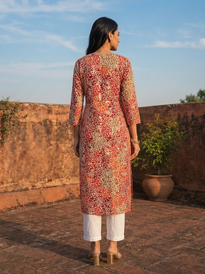 Red Rayon Abstract Floral printed Kurta