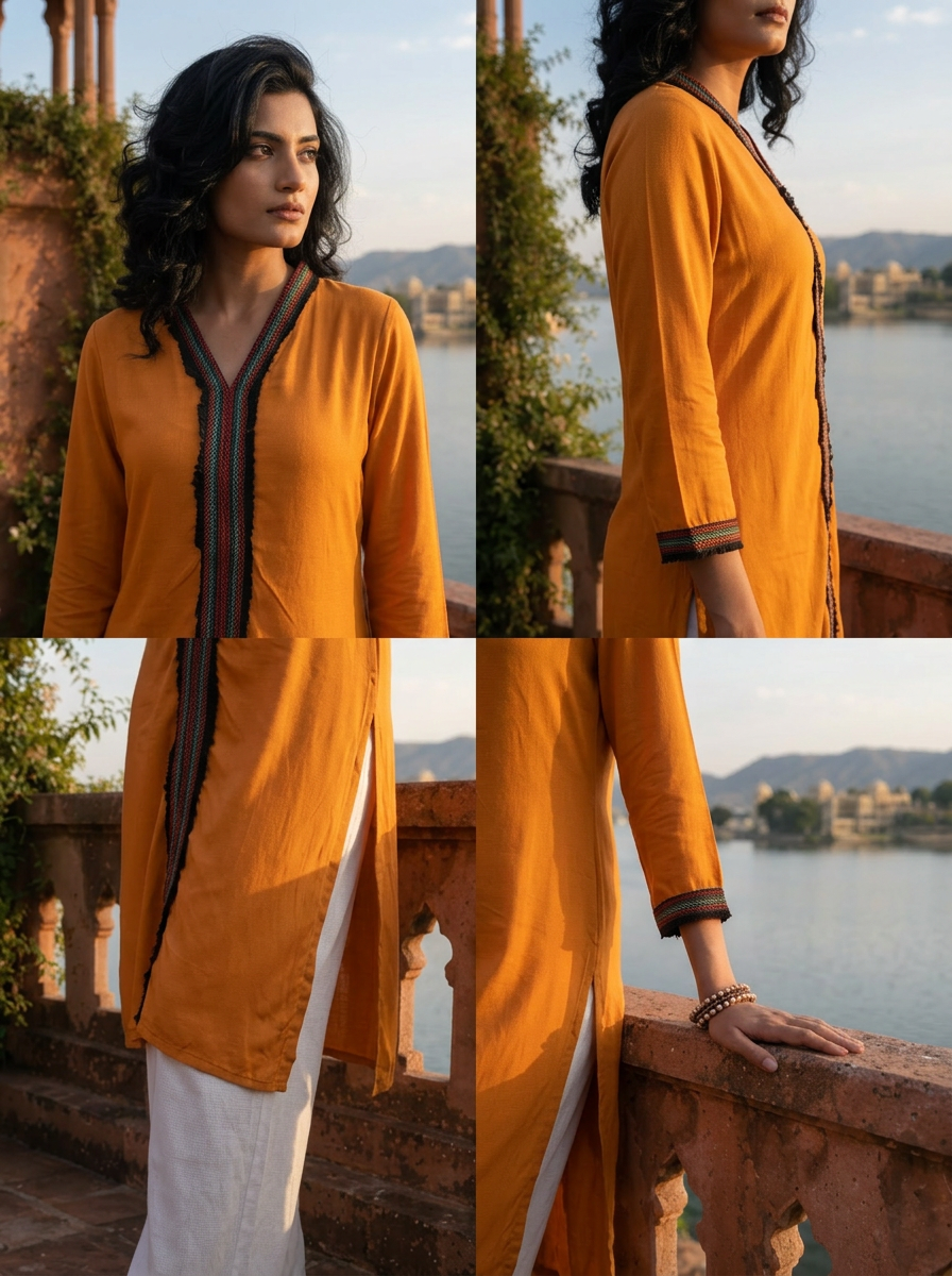 Mustard Rayon Solid with Multicolor Fringe Border Kurta