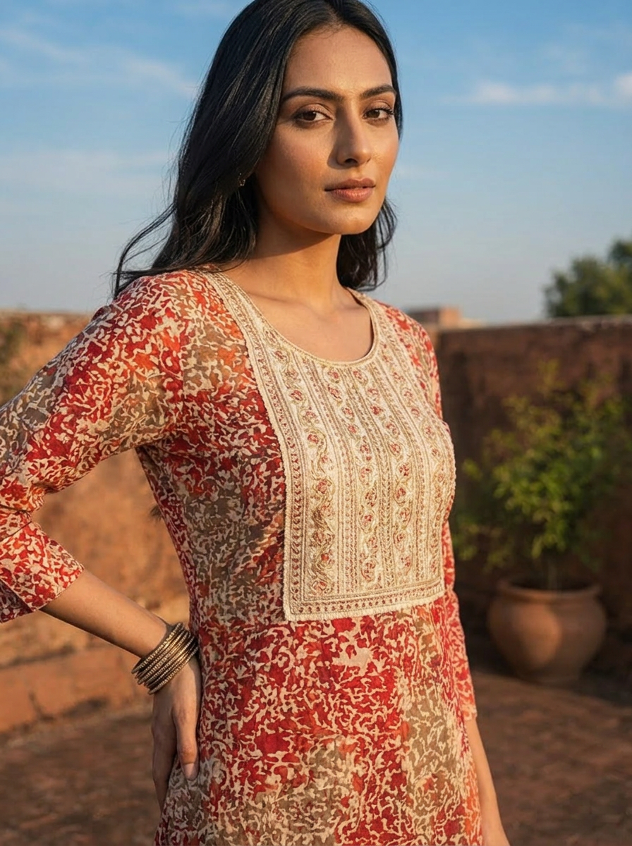 Red Rayon Abstract Floral printed Kurta