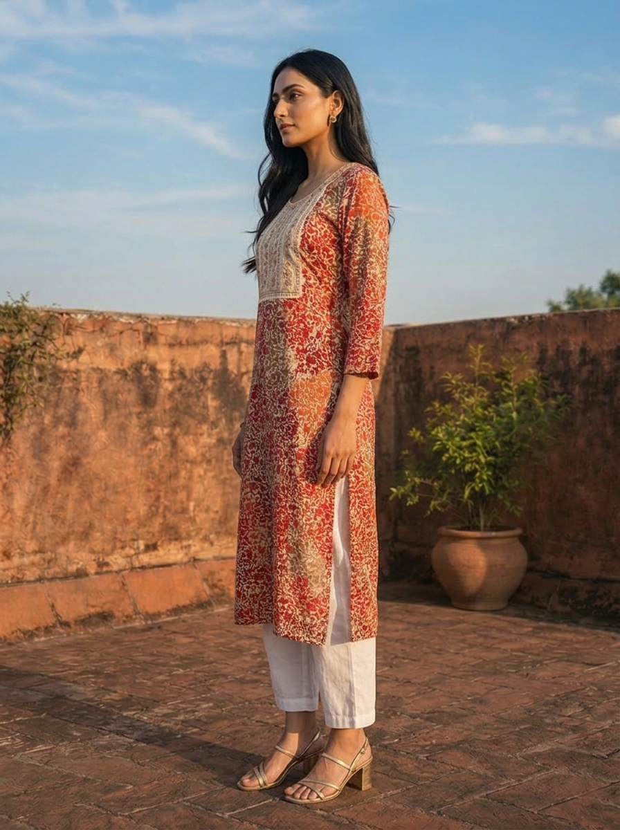 Red Rayon Abstract Floral printed Kurta