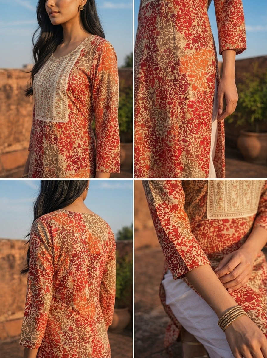 Red Rayon Abstract Floral printed Kurta