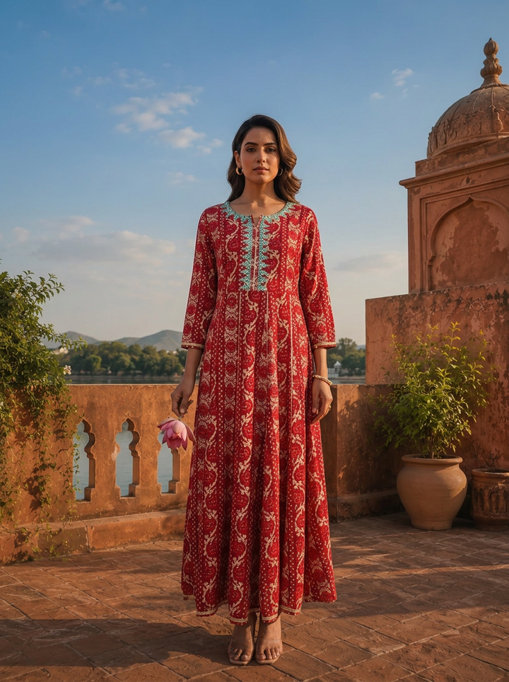 Magenta Rayon Bagru Printed Dress