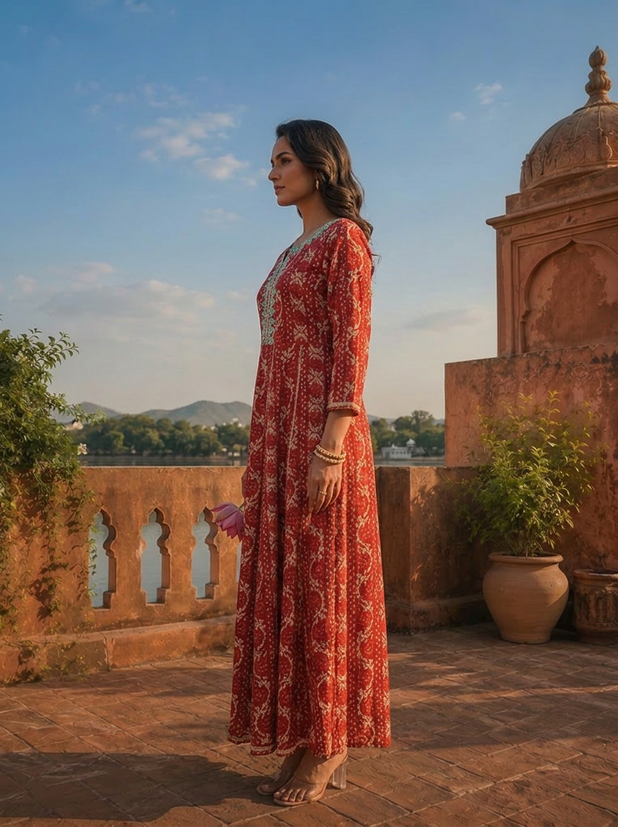 Magenta Rayon Bagru Printed Dress