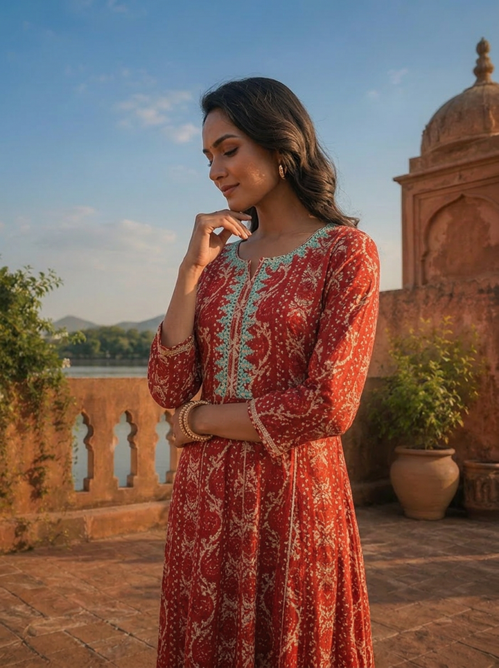 Magenta Rayon Bagru Printed Dress