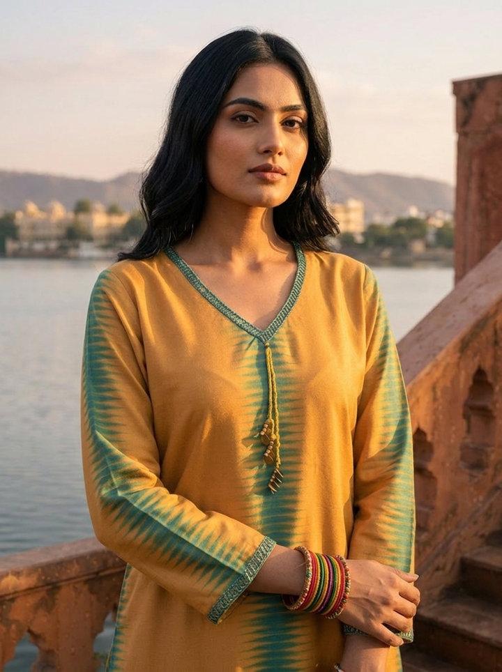 Gold Rayon Shibori Printed Kurta