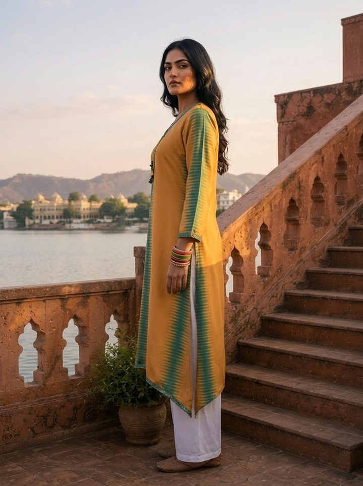 Gold Rayon Shibori Printed Kurta