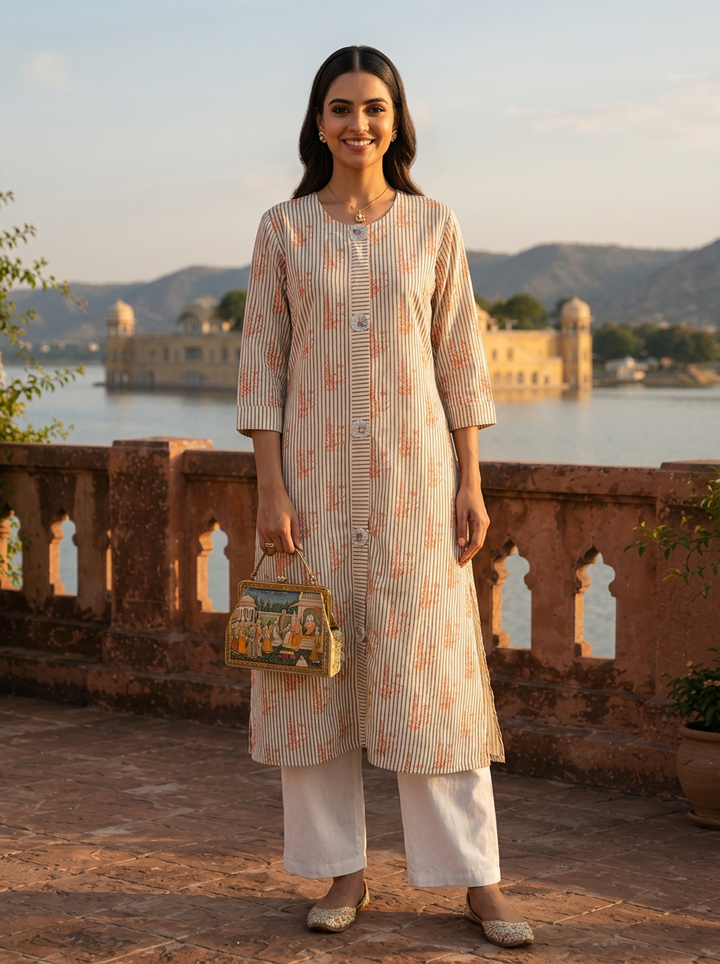 Cream Cotton Stripe And Floral Printed Kurta