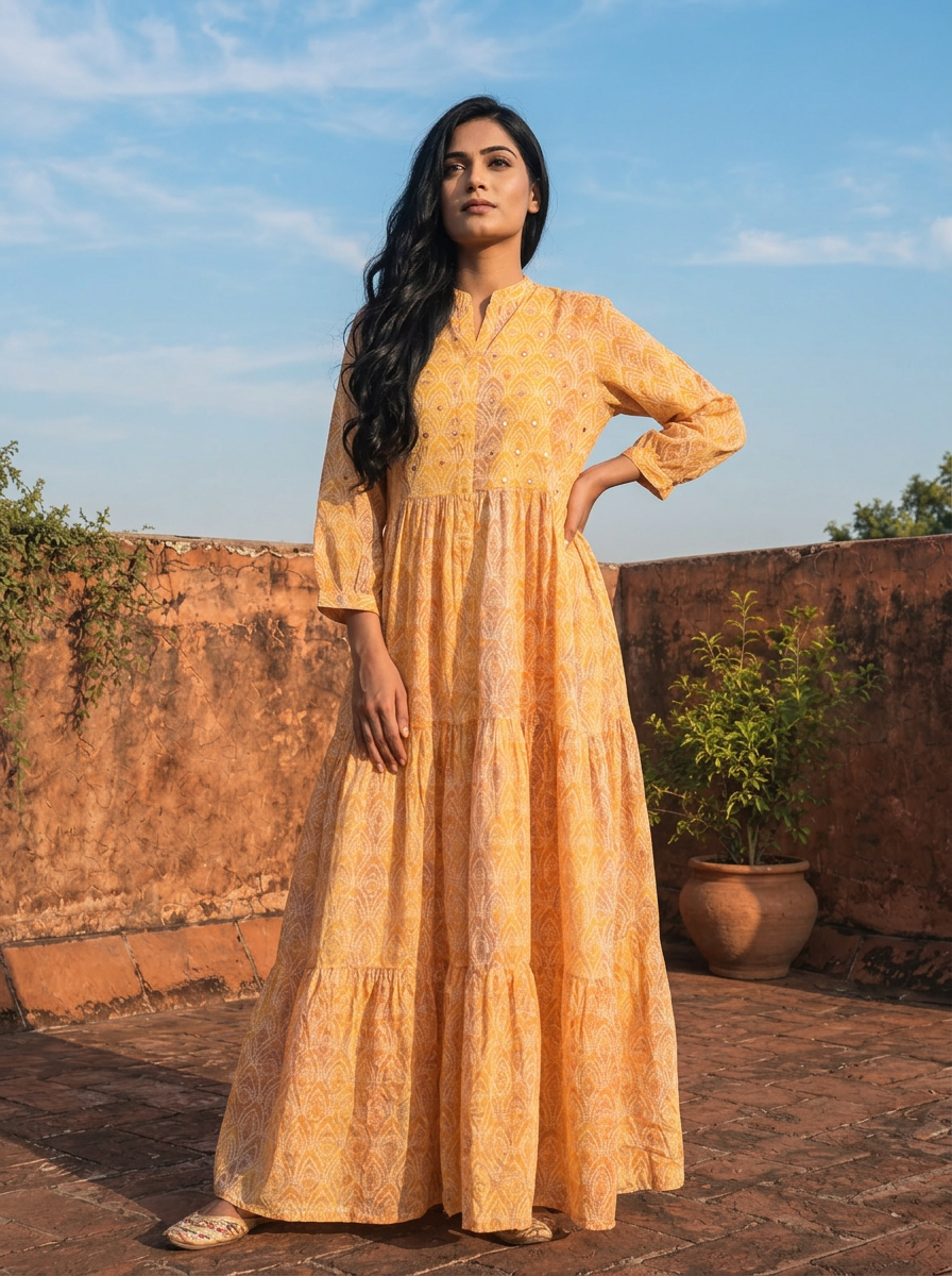 Yellow Cotton Ombre Bandhej Printed Dress