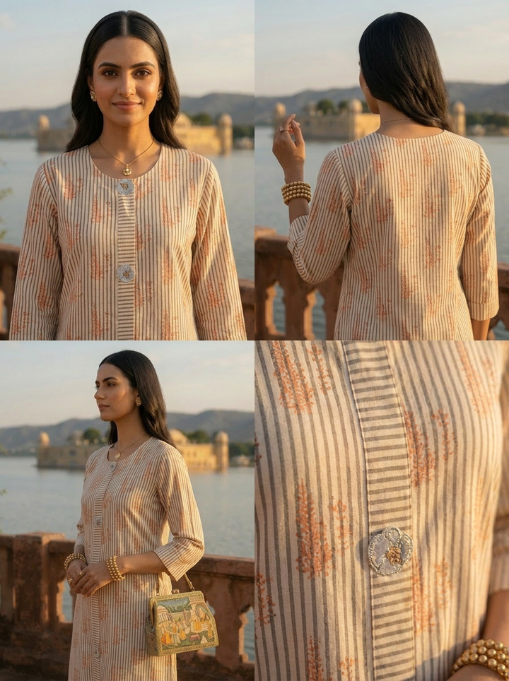 Cream Cotton Stripe And Floral Printed Kurta