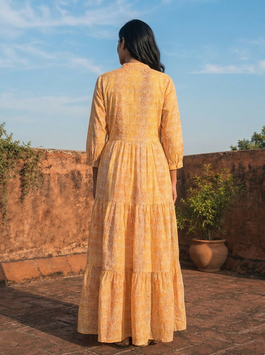Yellow Cotton Ombre Bandhej Printed Dress