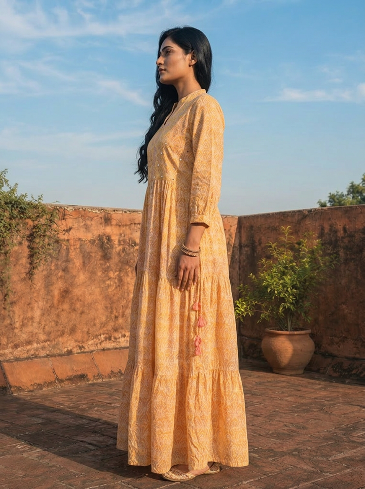 Yellow Cotton Ombre Bandhej Printed Dress