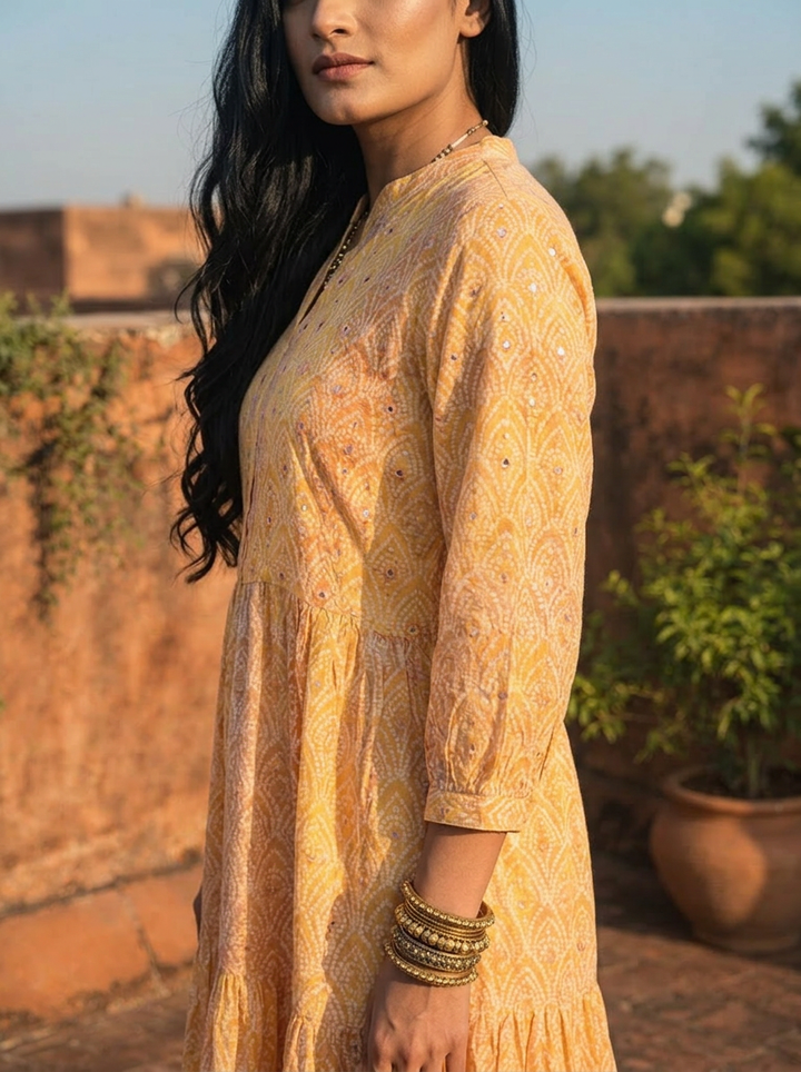 Yellow Cotton Ombre Bandhej Printed Dress