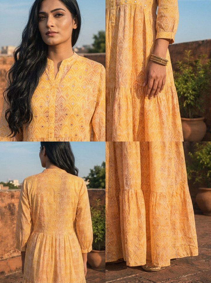 Yellow Cotton Ombre Bandhej Printed Dress