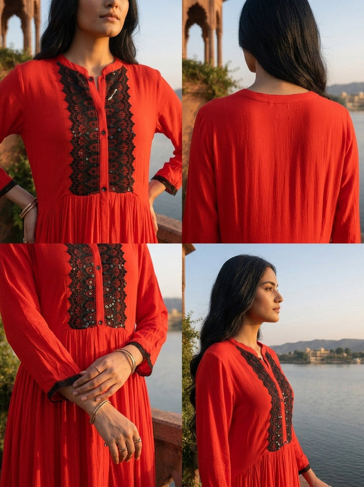 Red Georgette Solid with Lace & Sequin Design Dress