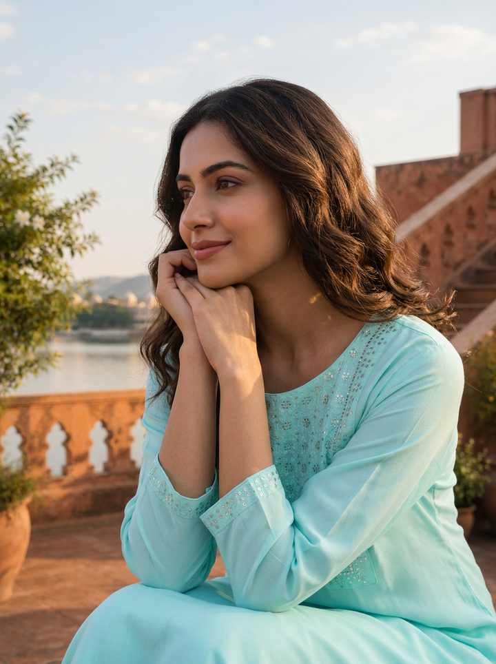 Sea Green Rayon Rectangular Sequin Embroidered Kurta