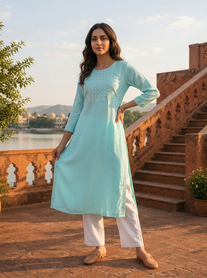 Sea Green Rayon Rectangular Sequin Embroidered Kurta