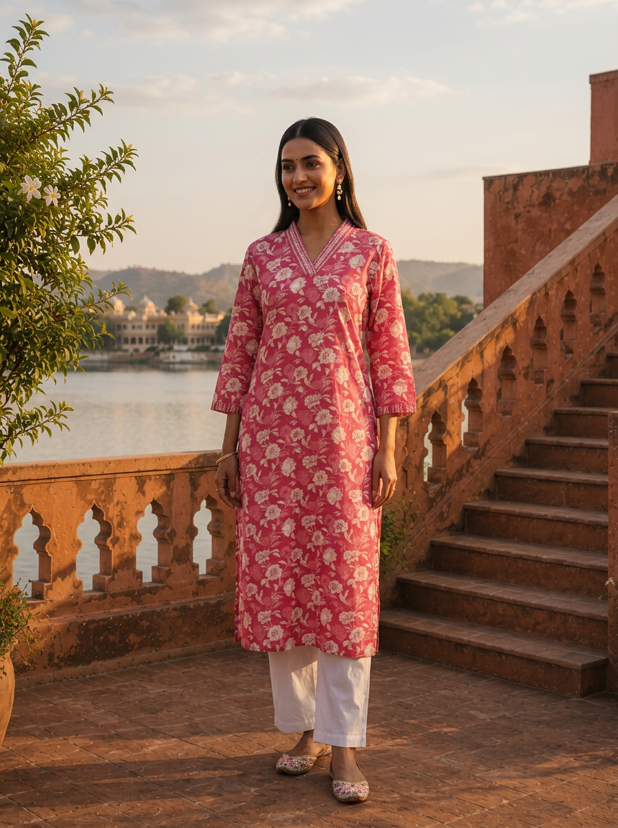 Rose Pink Cotton Jaipuri Floral Jaal Printed Kurta