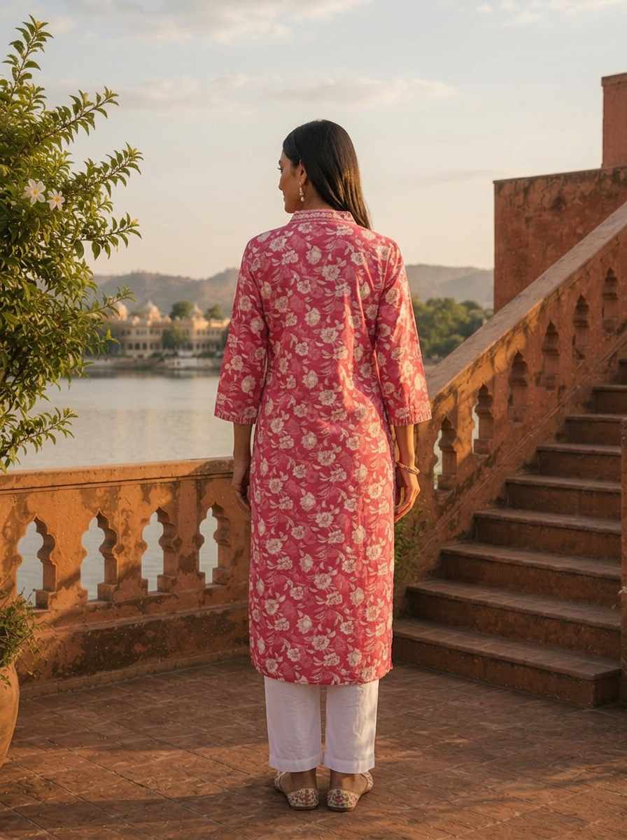 Rose Pink Cotton Jaipuri Floral Jaal Printed Kurta