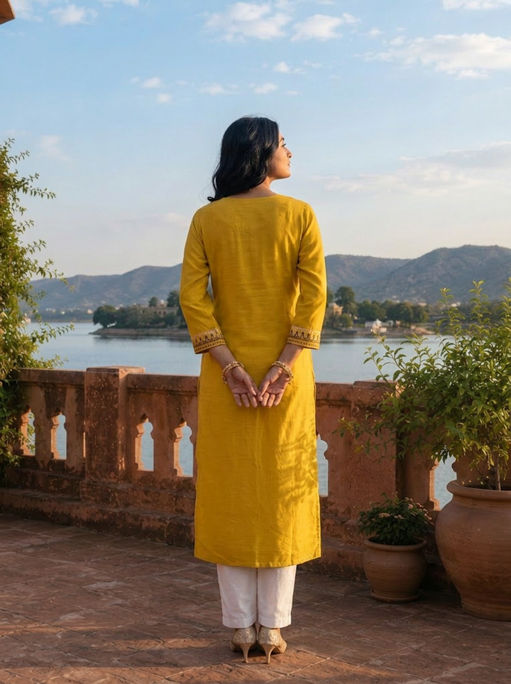 Mustard Silk Geometric Block-Printed Kurta