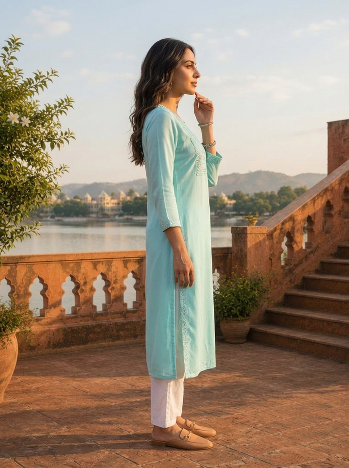 Sea Green Rayon Rectangular Sequin Embroidered Kurta